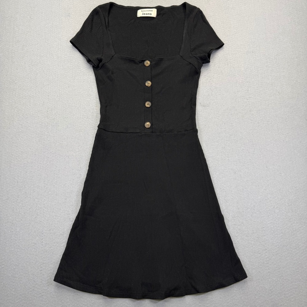 Reformation Jeans Black Ribbed Square Neck Mini Dress Short Sleeve Small USA
